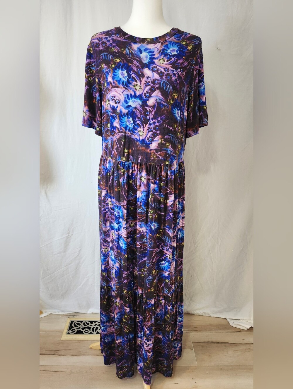 Blue Sky Bamboo Blend Purple & Blue Floral Watercolor Maxi Dress